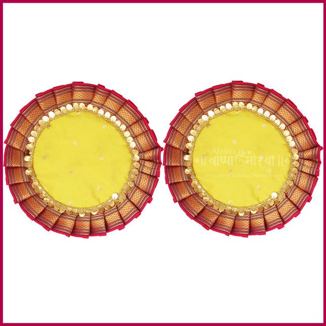Handcrafted Samai Aasan Paithani Silk 9 Inch | Traditional Yellow Pooja Mat | Decorative Round Aasan for Kalash, Diya, Devi Idol, Pooja Mandir & Festivals