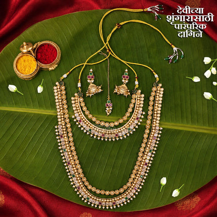 देवीच्या शृंगारासाठी पारंपरिक दागिने Traditional Devi Shringar Jewellery Set देवी शृंगार दागिने– Multicolour Kundan Long Haar, Choker Necklace, Jhumka Earrings & Maang Tikka | Goddess Alankar Set