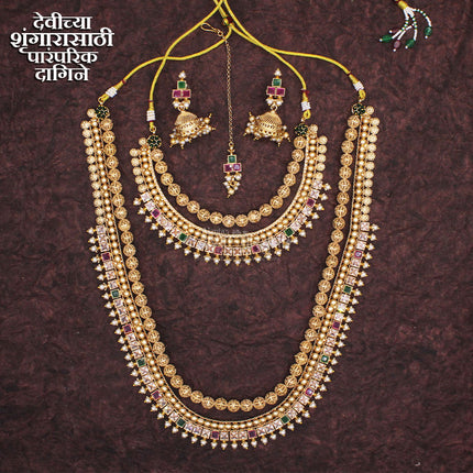 देवीच्या शृंगारासाठी पारंपरिक दागिने Traditional Devi Shringar Jewellery Set देवी शृंगार दागिने– Multicolour Kundan Long Haar, Choker Necklace, Jhumka Earrings & Maang Tikka | Goddess Alankar Set
