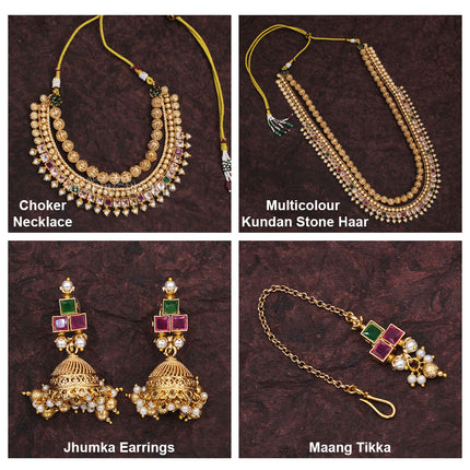 देवीच्या शृंगारासाठी पारंपरिक दागिने Traditional Devi Shringar Jewellery Set देवी शृंगार दागिने– Multicolour Kundan Long Haar, Choker Necklace, Jhumka Earrings & Maang Tikka | Goddess Alankar Set