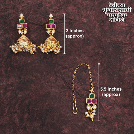 देवीच्या शृंगारासाठी पारंपरिक दागिने Traditional Devi Shringar Jewellery Set देवी शृंगार दागिने– Multicolour Kundan Long Haar, Choker Necklace, Jhumka Earrings & Maang Tikka | Goddess Alankar Set