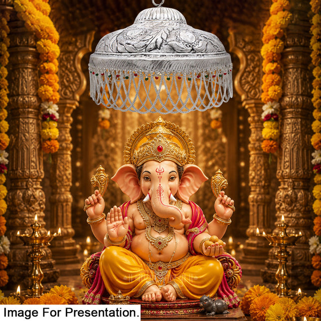 Chhatra for Swami, Ganpati, Radha Krishna, God & Goddess Idols स्वामी, गणपती, राधा कृष्ण तसेच देव-देवी मूर्तींसाठी सजावटी मंदिर छत्र with Hook & Ghunghroo for Pooja, Temple & Spiritual Home Decor(14 inches Diameter)