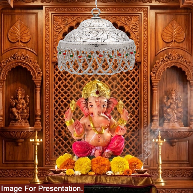 Chhatra for Swami, Ganpati, Radha Krishna, For Mataji God & Goddess Idols | स्वामी, गणपती, राधा कृष्ण तसेच देव-देवी मूर्तींसाठी सजावटी मंदिर छत्र with Hook & Ghunghroo for Pooja, Temple & Spiritual Home Decor(6.5inches Diameter)
