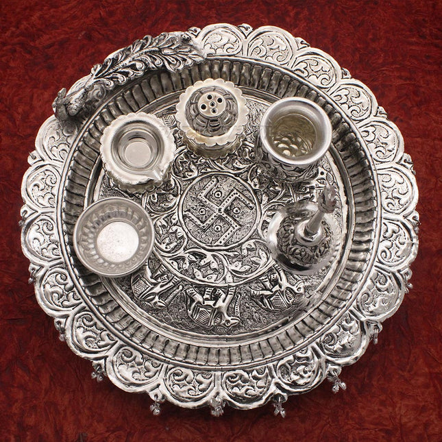 Traditional Silver-Plated Peacock Pooja Thali Set with Swastik Design, Bell, Diya Holder, Kalash & Incense Stand for Daily Worship and Festivals (12 inch diameter )