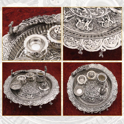Traditional Silver-Plated Peacock Pooja Thali Set with Swastik Design, Bell, Diya Holder, Kalash & Incense Stand for Daily Worship and Festivals (12 inch diameter )