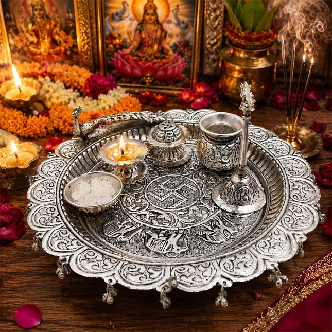 Traditional Silver-Plated Peacock Pooja Thali Set with Swastik Design, Bell, Diya Holder, Kalash & Incense Stand for Daily Worship and Festivals (12 inch diameter )