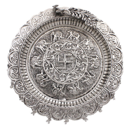 Traditional Silver-Plated Peacock Pooja Thali Set with Swastik Design, Bell, Diya Holder, Kalash & Incense Stand for Daily Worship and Festivals (12 inch diameter )