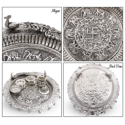 Traditional Silver-Plated Peacock Pooja Thali Set with Swastik Design, Bell, Diya Holder, Kalash & Incense Stand for Daily Worship and Festivals (12 inch diameter )
