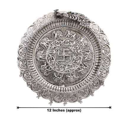 Traditional Silver-Plated Peacock Pooja Thali Set with Swastik Design, Bell, Diya Holder, Kalash & Incense Stand for Daily Worship and Festivals (12 inch diameter )