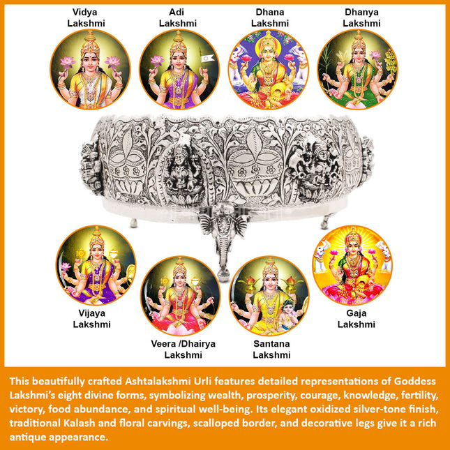 Aashtalaxmi Handcrafted Made In Brass  Silver Oxidised Polish Kerala Urli / Urali Varpu Traditional South Indian Brass Varpu Urli Abhishek Patra Abhishek Home Temple & Mandir Puja Accessory (10 inch DIAMETER)