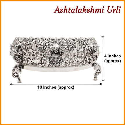 Aashtalaxmi Handcrafted Made In Brass  Silver Oxidised Polish Kerala Urli / Urali Varpu Traditional South Indian Brass Varpu Urli Abhishek Patra Abhishek Home Temple & Mandir Puja Accessory (10 inch DIAMETER)
