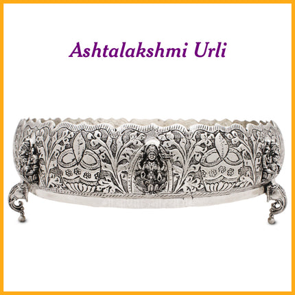 Aashtalaxmi Handcrafted Made In Brass  Silver Oxidised Polish  Kerala Urli / Urali Varpu Traditional South Indian Brass Varpu Urli Abhishek Patra Abhishek Home Temple & Mandir Puja Accessory (13 inch)