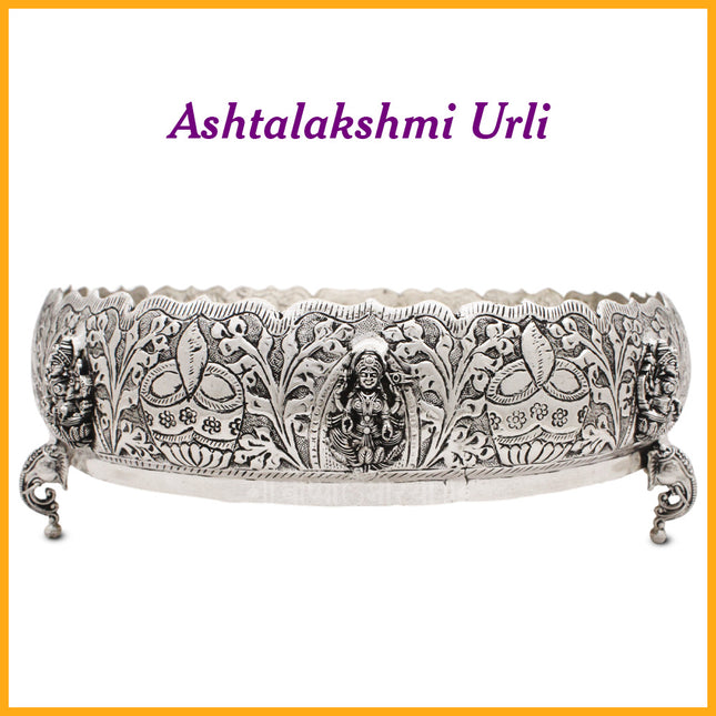Aashtalaxmi Handcrafted Made In Brass  Silver Oxidised Polish  Kerala Urli / Urali Varpu Traditional South Indian Brass Varpu Urli Abhishek Patra Abhishek Home Temple & Mandir Puja Accessory (13 inch)