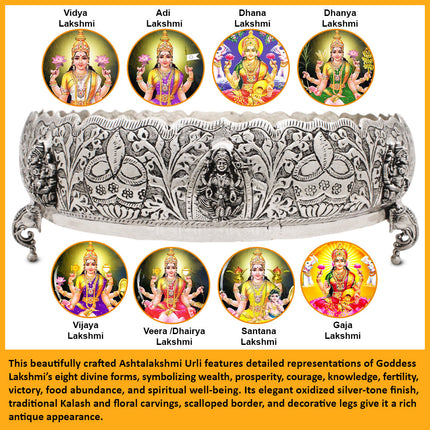 Aashtalaxmi Handcrafted Made In Brass  Silver Oxidised Polish  Kerala Urli / Urali Varpu Traditional South Indian Brass Varpu Urli Abhishek Patra Abhishek Home Temple & Mandir Puja Accessory (13 inch)