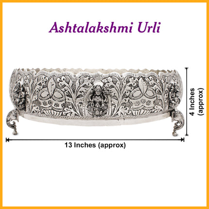 Aashtalaxmi Handcrafted Made In Brass  Silver Oxidised Polish  Kerala Urli / Urali Varpu Traditional South Indian Brass Varpu Urli Abhishek Patra Abhishek Home Temple & Mandir Puja Accessory (13 inch)