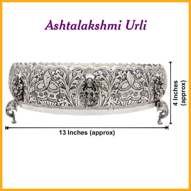 Aashtalaxmi Handcrafted Made In Brass  Silver Oxidised Polish  Kerala Urli / Urali Varpu Traditional South Indian Brass Varpu Urli Abhishek Patra Abhishek Home Temple & Mandir Puja Accessory (13 inch)
