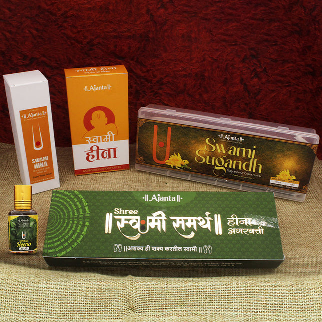 Swami Sugandha Premium Traditonal Fragrance Combo Pack  – Swami Sugandha Chafa Incense, Swami Heena Incense, Swami Heena Bambooless Dhoop, Swami Heena Attar & Swami Temple Spray Set Assorted Fragrance Handmade Agarbatti for Puja & Meditation