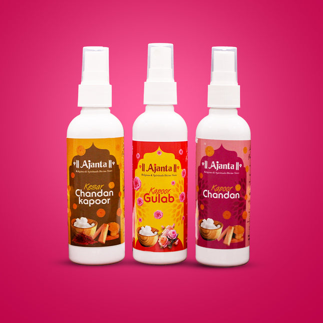 Sacred Kapoor Temple Spray Set of 3 – Camphor, Kesar Chandan, Gulab & Chandan Fragrances for Pooja & Mandir (100 ml Each)