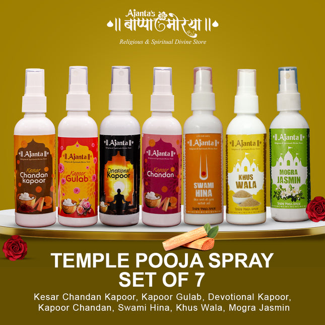 Temple Fragrance Spray Sacred Kapoor & Divine Aroma Pooja Set – (4×100ml) Camphor, Kesar Chandan Kapoor, Gulab & Chandan + (3×100ml) Swami Hina KhusWala  MograJasmine – Aromatic Home & Mandir Spray