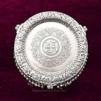 Elegant Pure Brass With  Silver Oxidized Polish  Pooja Plate  with Swastik Design – 12 Inches | Traditional Temple & Home Decor