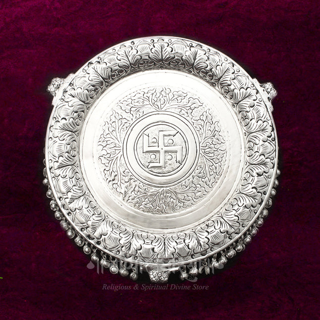 Elegant Pure Brass With  Silver Oxidized Polish  Pooja Plate  with Swastik Design – 12 Inches | Traditional Temple & Home Decor