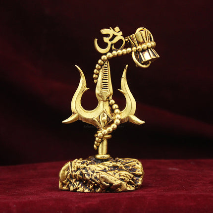 Mahakal MahaDeva Lord Shiva Trishul with Damru & Om Symbol – 4 Inch Brass Idol for Home Temple & Car Dashboard